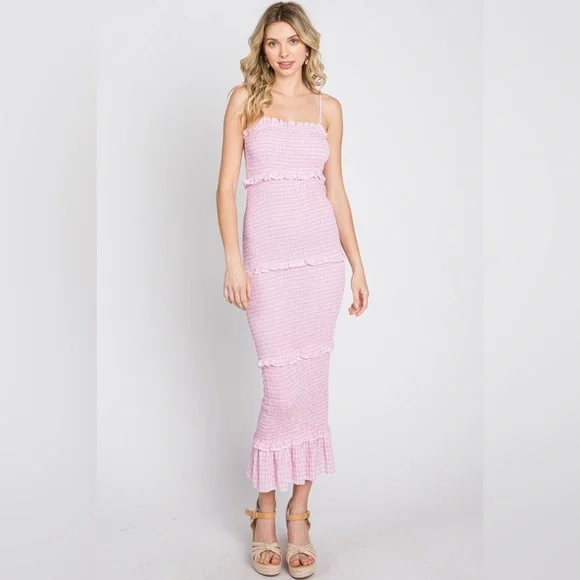 PinkBlush gingham smocked ruffle trim midi bodycon dress nwot - Picture 3 of 7